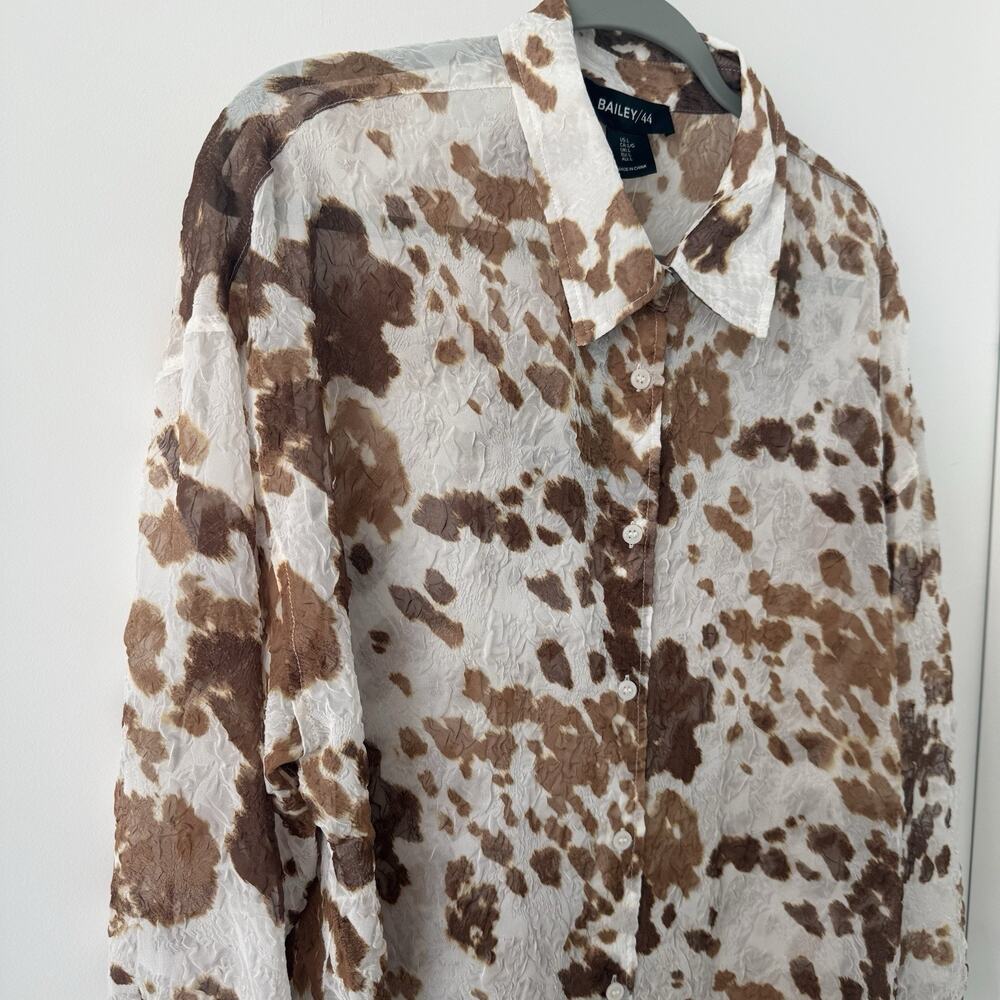 NWT Bailey 44 women’s L brown Ivory Animal Cow Print Textured Button Front Top